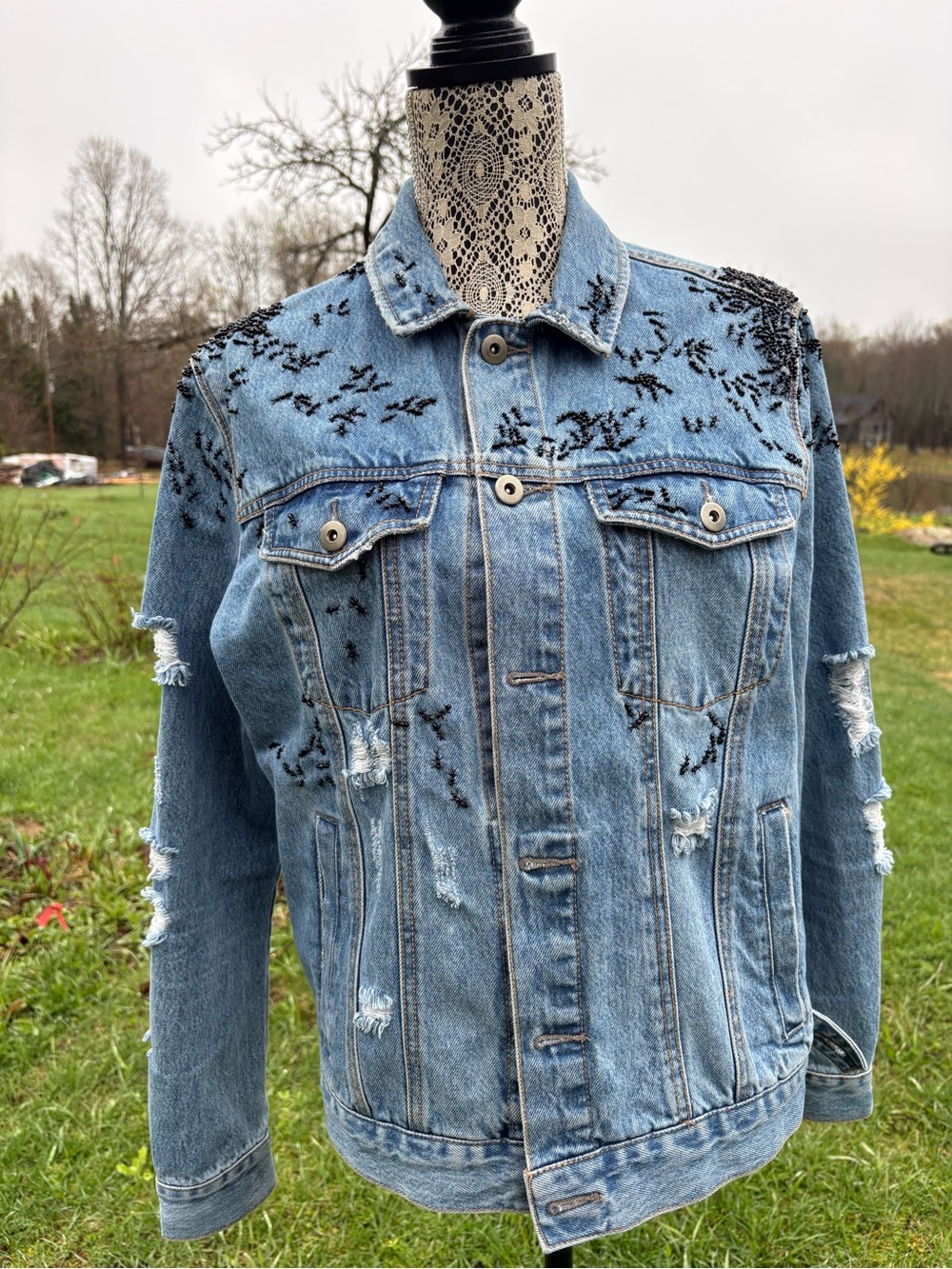 Black beads ANTS Light Blue Women's Jeans Jacket - Picture 10 of 13